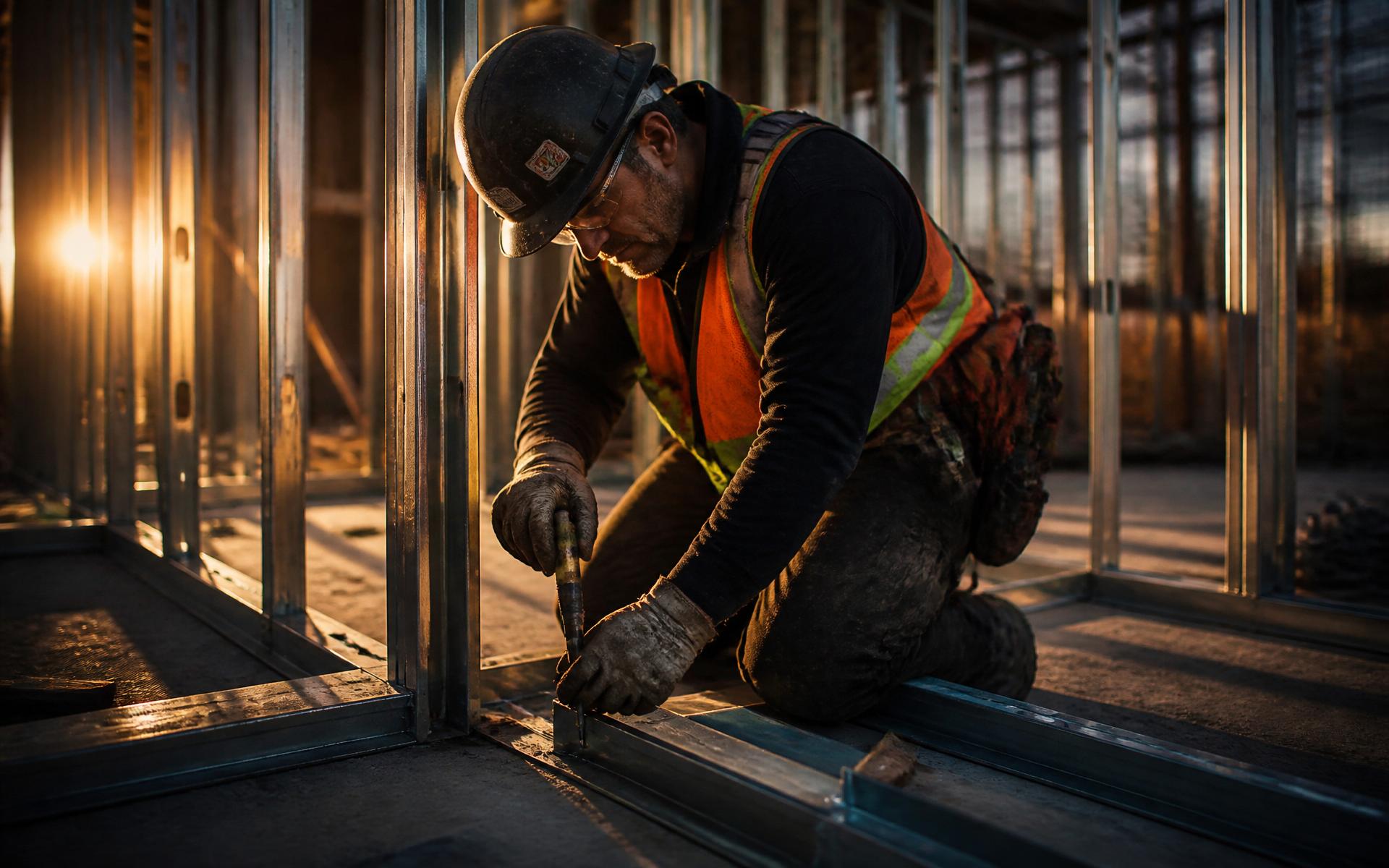 Construction worker in full safety gear framing a structure at golden hour